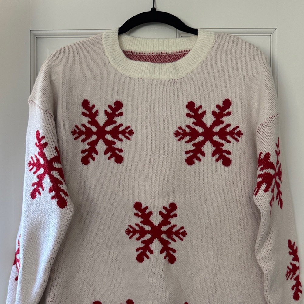 Women’s Cream Knit Sweater Dress with Red Snowflake Pattern